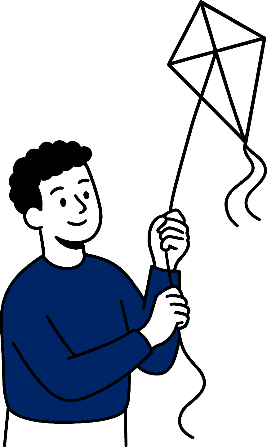 Postulez à l'incubateur HEA Baudimont Jeune homme pilotant un cerf-volant, vêtu d'un haut bleu foncé, illustré en noir et blanc sur fond blanc, style dessin au trait épuré