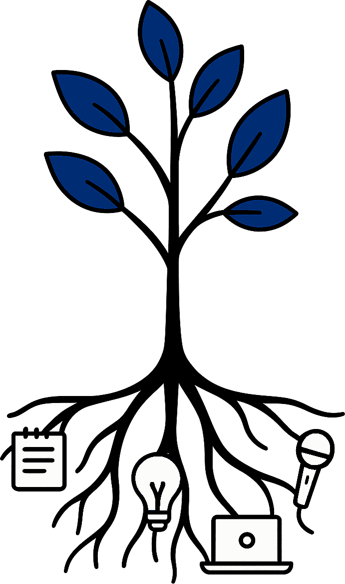 arbre-racines-incubateur-2 Jeune arbre dont on voir les racines composées d'un document, une ampoule, un ordinateur et un micro, symbolisant les services proposés par l'incubateur afin de renforcer la nouvelle entreprise