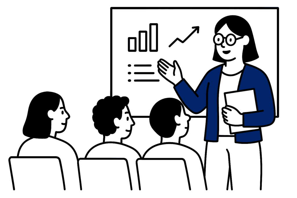 Illustration en noir et blanc avec accents bleus représentant une femme experte avec des lunettes animant un atelier ou une conférence devant un groupe d’incubés.