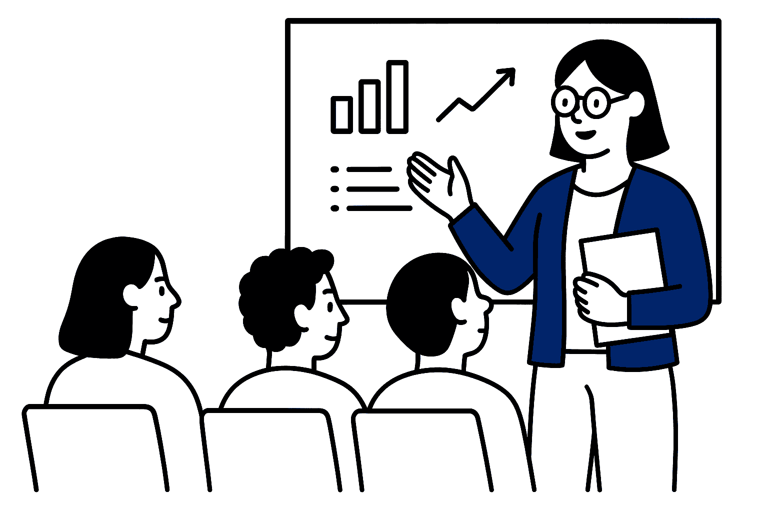 atelier-formation-conference Illustration en noir et blanc avec accents bleus représentant une femme experte avec des lunettes animant un atelier ou une conférence devant un groupe d’incubés.