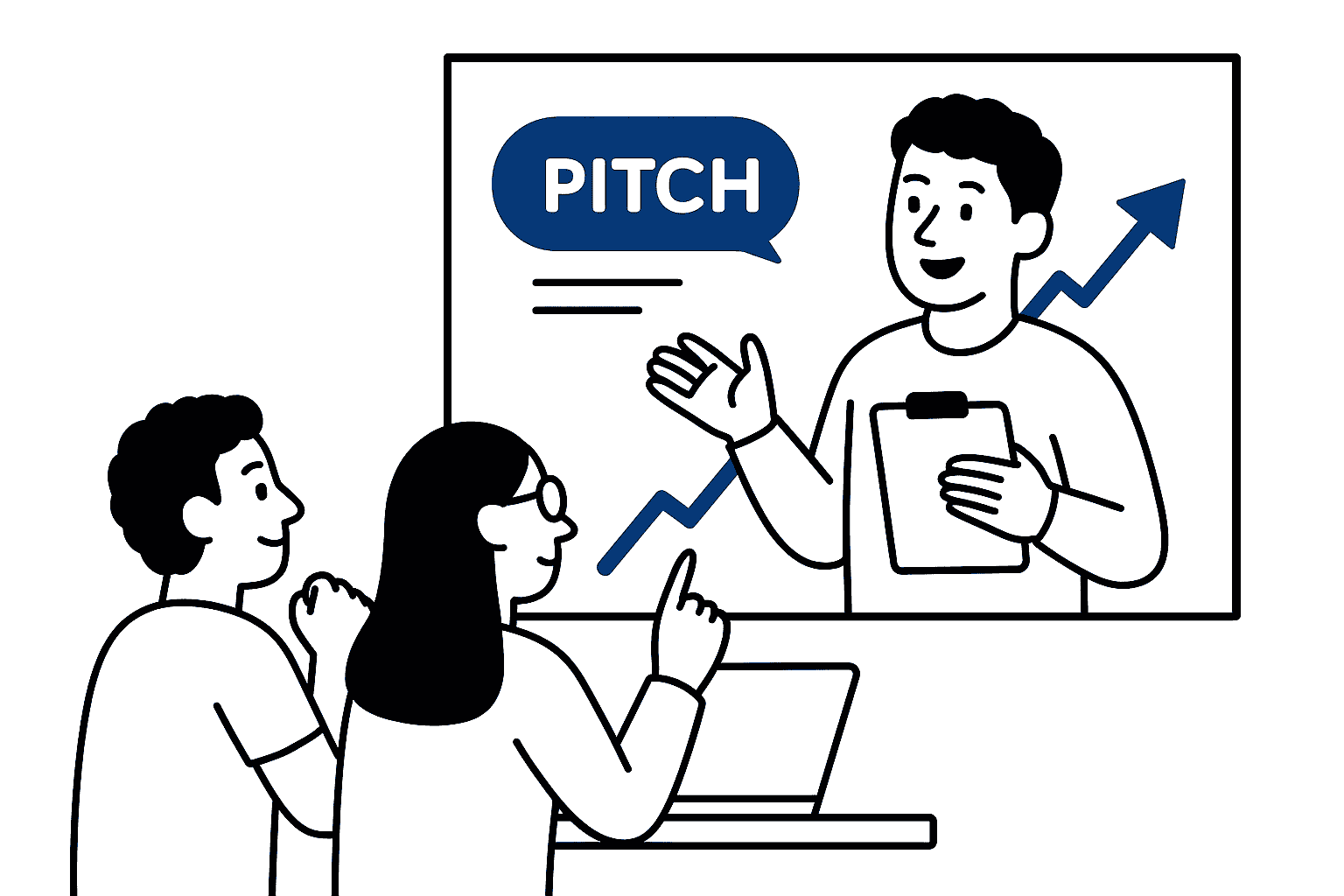 challenge-entrepreneur Illustration en noir et blanc avec accents bleus représentant des incubés participant à un challenge collaboratif, travaillant ensemble autour d’un bureau avec énergie et motivation.