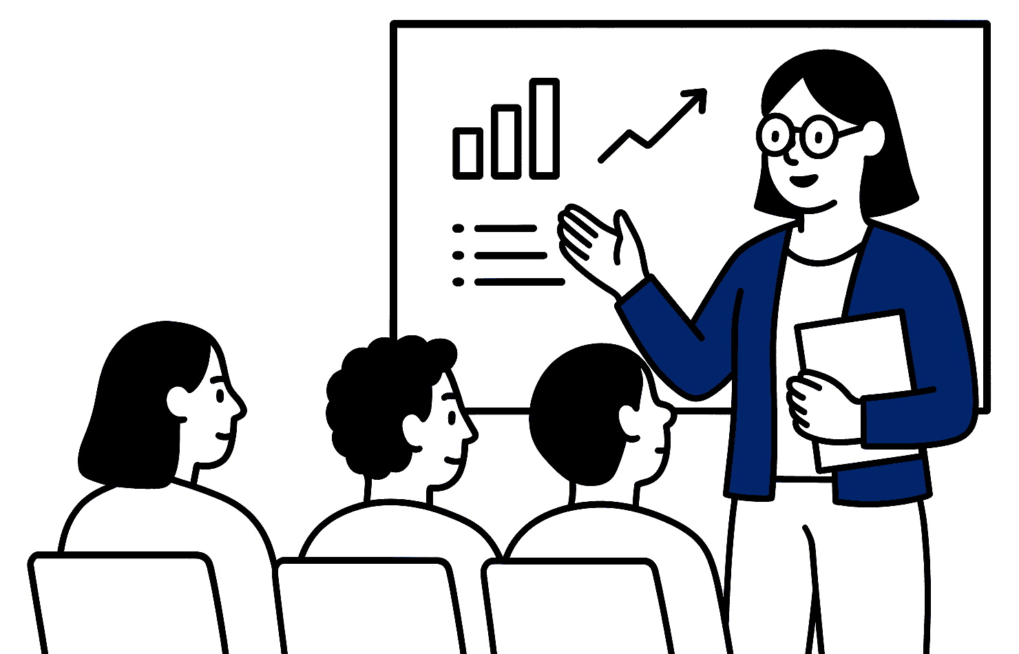 Illustration en noir et blanc avec accents bleus représentant une femme experte avec des lunettes animant un atelier ou une conférence devant un groupe d’incubés.