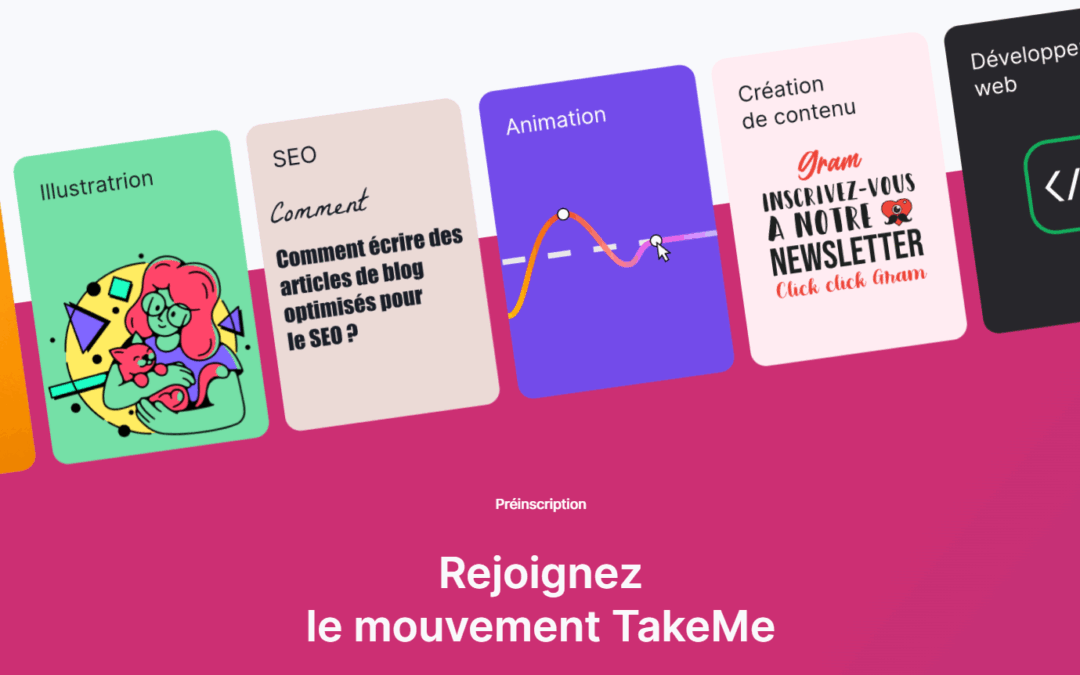 Enumération illustrée des métiers disponibles dans l'application TakeMe : Photographie, illustration, SEO, animation, création de contenu, développement web